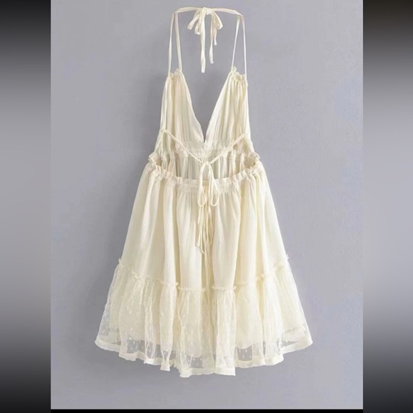 Boho Backless V Halter Swiss Dot Mini Dress - Picture 13 of 15